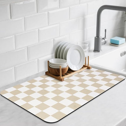 CooRug Checkered Dish Drying Mat for Kitchen Counter, Absorbent Non-Slip Coffee Mat, Heat Resistant Mat for Countertops Coffee Bar Decor 12" x 20" Khaki