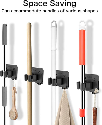 nacena Broom Holder Wall Mount, 4 Packs Black Stainless Steel Mop and Broom Hanger with Hooks Heavy Duty Broom and Mop Organizer Wall Hanging for Bathroom