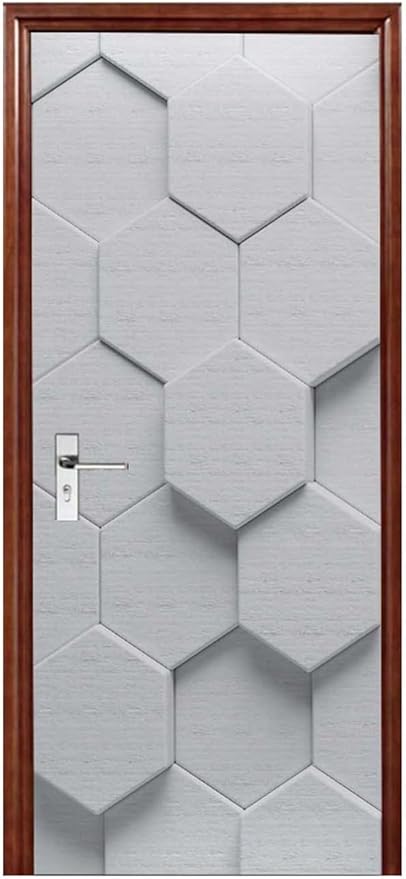A.Monamour 3D Door Stickers for Interior Doors White Hexagon Geometric Pattern Vinyl Waterproof Self Adhesive Door Mural Decals for Bedroom Office Bathroom 85x215cm