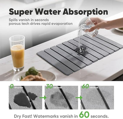 Stone Dish Drying Mat for Kitchen Counter - 24" x 16" Ultra Absorbent Diatomaceous Earth Mat, Fast Drying & Foldable Countertop Protector, Non-Slip Eco-Friendly Stone Mat for Dishes