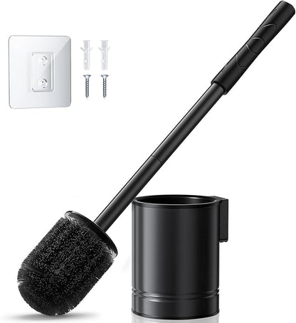 HAMITOR Black Toilet Bowl Brush: Metal Rustproof Bathroom Cleaning Accessories Set with Hidden Holder for Renters - Wall-Mounted Family Compact Toilet Cleaner Kits for Apartment RV Small Space