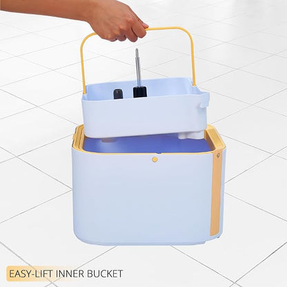 True & Tidy® TrueClean Mop and Bucket System Plus with New Easy Lift Inner Bucket, Self Wringing, Separates Clean from Dirty Water, Folding Mop Head, Dual Brush System, 8-pc Machine Washable Mop Pads