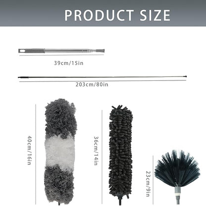 4 Pcs Microfiber Cobweb Duster with 100" Extension Pole,Bendable Ceiling Fan Duster Kit with 3 Duster Heads,Washable Reusable Spider Web Brush for High Ceiling and Walls Furniture Home