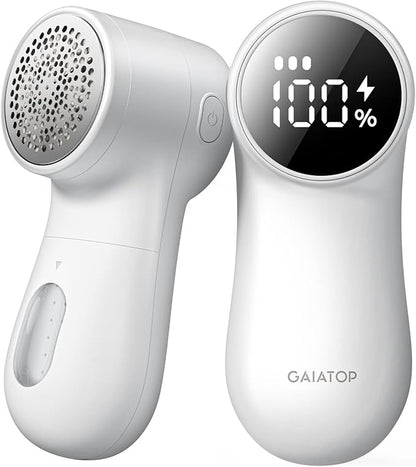 GAIATOP Fabric Shaver Rechargeable Lint Remover 3 Speeds Sweater Defuzzer, Cute Digital Screen Large Storage 6-Leaf Blades, Fuzz Pills Bobbles Trimmer for Clothes Furniture Bedclothes White 1 pcs
