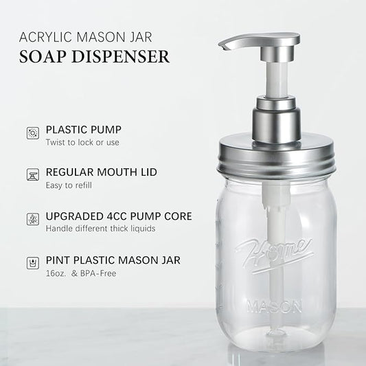 Amolliar Plastic Mason Jar Soap Dispenser with Pump Lid,16OZ Refillable BPA-Free Hand Soap Dispenser Set with Cute Lables, Farmhouse Decor for Kitchen Bathroom, Liquid Soap, Dish Soap (4 Pack, Silver)
