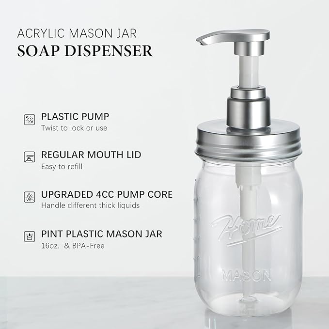 Amolliar Plastic Mason Jar Soap Dispenser with Pump Lid,16OZ Refillable BPA-Free Hand Soap Dispenser Set with Cute Lables, Farmhouse Decor for Kitchen Bathroom, Liquid Soap, Dish Soap (2 Pack, Silver)