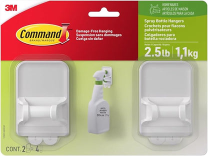 Command Spray Bottle Hangers, Holds up to 32 fl oz, 2 Hangers with 4 Strips, Damage-Free Spray Bottle Holder Wall Mount to Cabinet, Kitchen, or Under Sink
