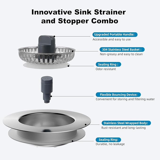 Universal All Metal Kitchen Sink Strainer with Drain Stopper Assembly, iFealClear Stainless Steel Pop Up Kitchen Sink Stopper, Dishwasher Safe, Fits US Standard 3-1/2'' Drain, Chrome Finished