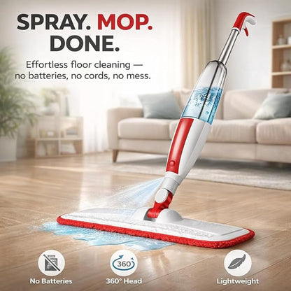 Spray Mop for Floor Cleaning with Refillable Bottle (14 oz), 3 Washable Microfiber Pads & Scraper – Lightweight 360° Rotating Mop, No Batteries, Streak-Free Cleaning for Hardwood, Tile & Laminate