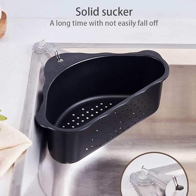 Triangle Sink Drainer Basket, Stainless Steel Triangular Sink Drain Shelf, Suction Cup Triangular Filter Drain Basket Kitchen Sinks Corner for Filter Food Waste and Washing Fruit(Color:Black)