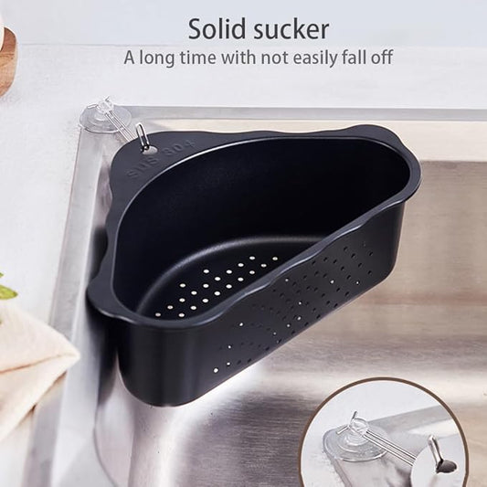 Triangle Sink Drainer Basket, Stainless Steel Triangular Sink Drain Shelf, Suction Cup Triangular Filter Drain Basket Kitchen Sinks Corner for Filter Food Waste and Washing Fruit(Color:Black)