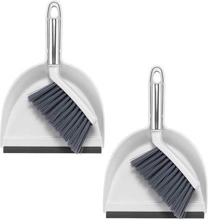 NACENA Mini Broom and Dustpan Set 2 Packs, Small Dust Pan and Brush Set with Handle Dustpan Teeth for Cleaning Hair Suitable for Office Desks Drawers Sofas Pet Care Outdoor Camping, White & Gray