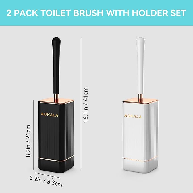 Toilet Brush and Holder, Elegant 2 Pack Silicone Toilet Bowl Brush Set with Ergonomic Long Handle, Modern Bathroom Decor Cleaning Accessories, Durable, Deep Cleaning - Black & White