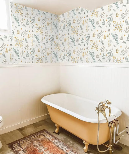 Timeet Floral Wallpaper Peel and Stick Self Adhesive Wallpaper Green/Yellow/Beige Removable Wall Paper Decor 15.4in x 118.11in