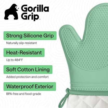 GORILLA GRIP BPA-Free Soft Silicone Oven Mitts, Heat Resistant and Waterproof Cooking Gloves, Thick Cotton Lining, Flexible Gripping for Baking Grilling, Kitchen Potholders Set of 2, 12.5x8.3, Mint