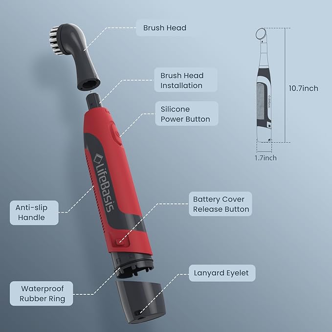 LifeBasis Cordless Electric Cleaning Brush, Mini Power Scrubber for Cleaning Waterproof Grout with 5 Brush Heads for Bathroom Kitchen Tile Crevice Corner - Red (Batteries Included)