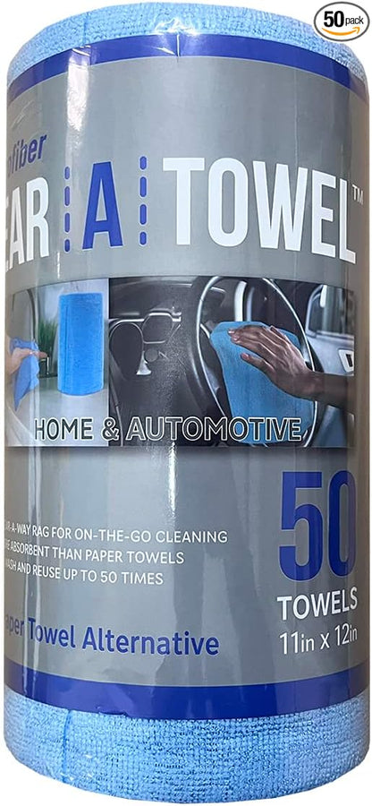 Eurow Microfiber Tear-A-Towel Cloth Roll, Reusable Paper Towel Alternative, Washable Up to 50 Times, Lint-Free, Streak-Free, for Kitchen, Auto, Home, Garage, Cleaning & Drying, 11"x12", 50-Pack, Blue