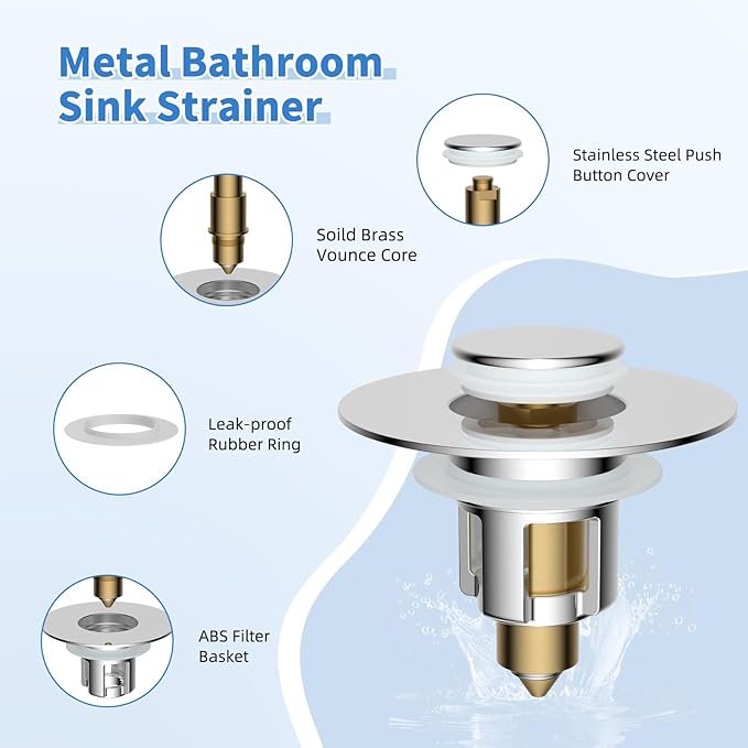 iFealClear Metal Universal Bathroom Sink Stopper, Upgraded Stainless Steel Sink Drain Strainer for 1.1''~2.36" Basin Pop Up Drain Strainer, Anti-Clogging Filter Basket, Polished Chrome