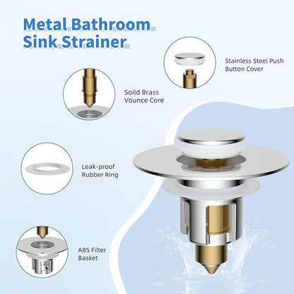 iFealClear Metal Universal Bathroom Sink Stopper, Upgraded Stainless Steel Sink Drain Strainer for 1.1''~2.36" Basin Pop Up Drain Strainer, Anti-Clogging Filter Basket, Polished Chrome