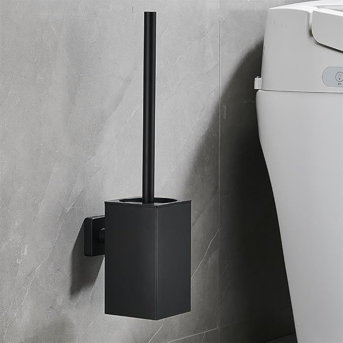 Wall Mount Toilet Brush and Holder Set Stainless Steel Square Toilet Bowl Cleaners Modern Toilet Brush Bathroom Accessories (Matte Black)