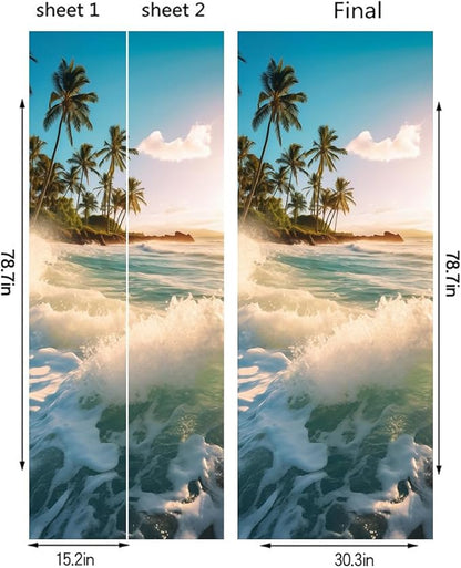 REDAMANCY Sea Wave Beach Shore Tree Peel and Stick Door Stickers Vinyl 3D Door Mural Decals Decor Wallpaper Self-Adhesive, Waterproof, Removable