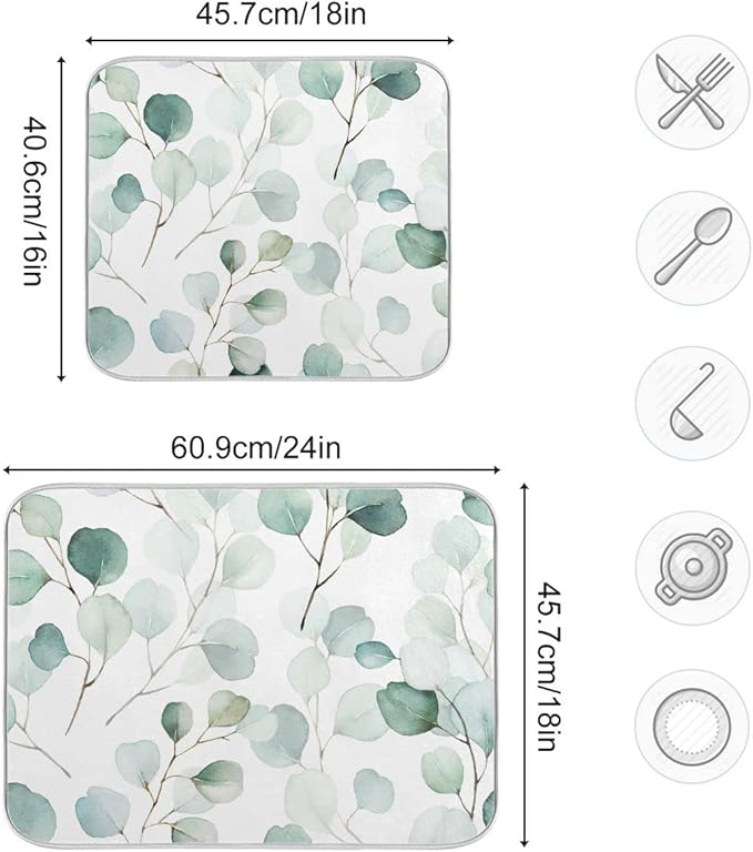Sage Green Leaves Dish Drying Mat for Kitchen Counter Watercolor Branch Plant Drying Mat 18 x 24 Inch with High Absorbent Reversible Microfiber Dish Drying Pad Drainer Mat for Coffee Bar