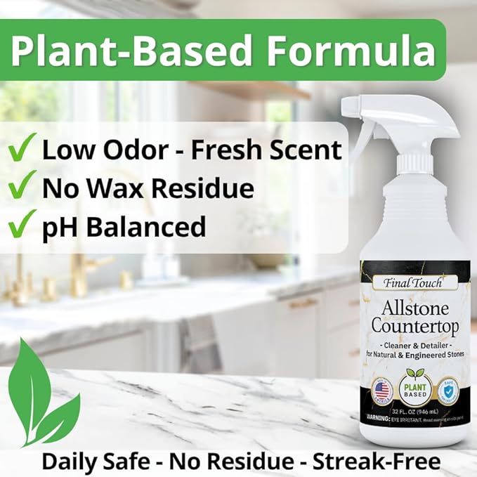 Final Touch AllStone Countertop Cleaner – Plant-Based Stone Safe Cleaning Spray with Scrub Brush – Daily Use Cleaner for Granite, Quartz, Marble, Kitchen Counters – Streak-Free Detail Clean