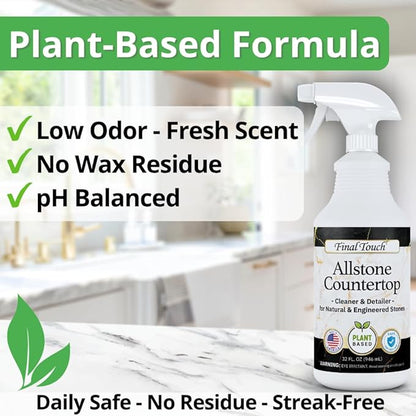 Final Touch AllStone Countertop Cleaner – Plant-Based Stone Safe Cleaning Spray with Scrub Brush – Daily Use Cleaner for Granite, Quartz, Marble, Kitchen Counters – Streak-Free Detail Clean