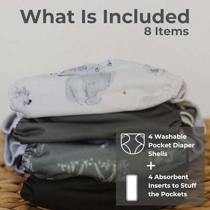 Nora's Nursery Cloth Pocket Diapers 4 Pack with 4 Inserts - Waterproof Cover, Washable, Reusable & One Size Adjustable Pocket Diapers for Newborns and Toddlers - Mama Bear