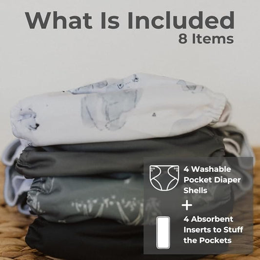 Nora's Nursery Cloth Pocket Diapers 4 Pack with 4 Inserts - Waterproof Cover, Washable, Reusable & One Size Adjustable Pocket Diapers for Newborns and Toddlers - Mama Bear