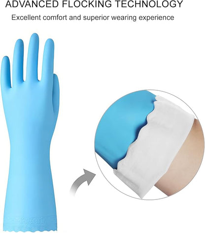 Bamllum Rubber Cleaning Gloves - 3 Pairs Latex Free Kitchen Cleaning Gloves with Cotton Liner- Household Dishwashing Gloves, Non- Slip Waterproof (Large, Blue+Pink+White)