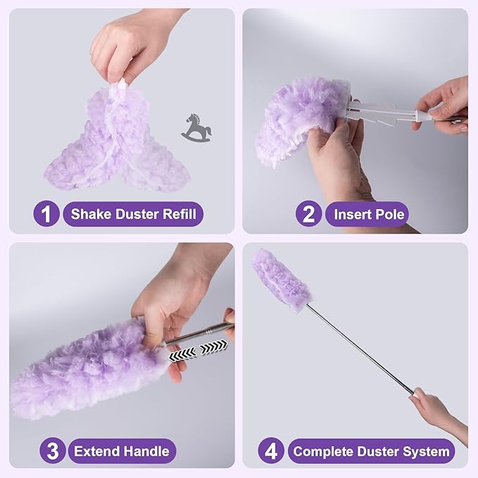ITTAR 30 Count Duster Refill kit, Duster for Cleaning with Extension Pole, Microfiber Dust Remove Supplies, Fan Feather Dusters for Cleaning Ceiling Fan, Blinds, Furniture, Vent & Shelves-Purple