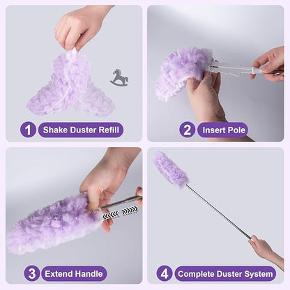 ITTAR 30 Count Duster Refill kit, Duster for Cleaning with Extension Pole, Microfiber Dust Remove Supplies, Fan Feather Dusters for Cleaning Ceiling Fan, Blinds, Furniture, Vent & Shelves-Purple