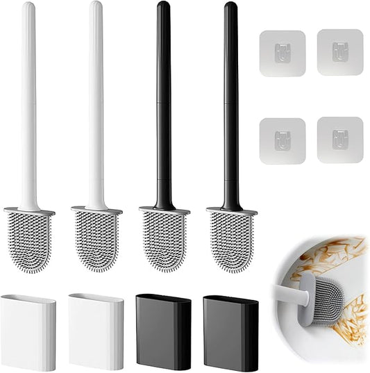 Toilet Bowl Brush and Holder Set, Flexible Silicone Bristles with Detachable Handle, Compact RV and Bathroom Toilet Brush (2 black 2 white)