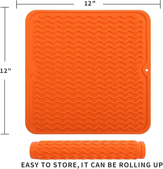 MicoYang Silicone Dish Drying Mat for Multiple Usage,Easy clean,Eco-friendly,Heat-resistant Silicone Mat for Kitchen Counter or Sink,Refrigerator or Drawer liner Orange M 12 inches x 12 inches
