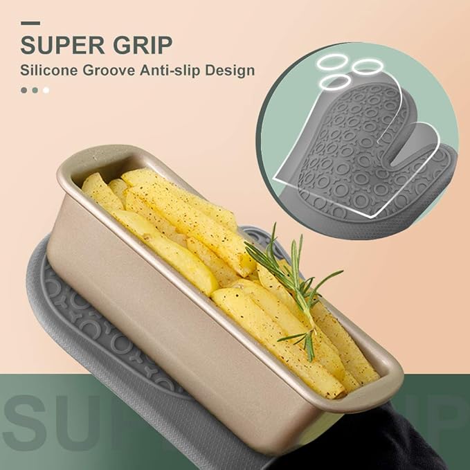sungwoo 6pcs Silicone Oven Mitts and Pot Holders Sets, 14.6 Inch Heat Resistant Oven Gloves with Quilted Liner Non-Slip Textured Grip Perfect for BBQ, Baking, Cooking and Grilling Grey