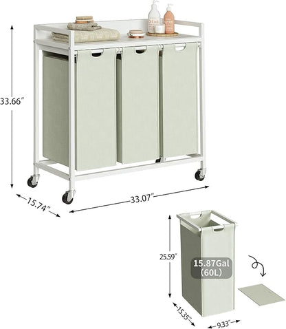 Laundry Hamper with Shelf, Laundry Basket 3 Section, Laundry Sorter with Pull-Out Removable Large Bags and Movable Wheels, Metal Frame, 3 x 15.87 Gallons (60L), White PF04XLW