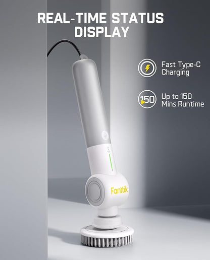 Fanttik Flip G9 Pro Electric Scrubber, VoltiPulse Motor, Dual-Speed Cleaner with 6 Brush Heads, Adjustable Angle & Extendable Handle, IPX7 Waterproof, Type-C Charge for Bathroom, Tile, Grout - White