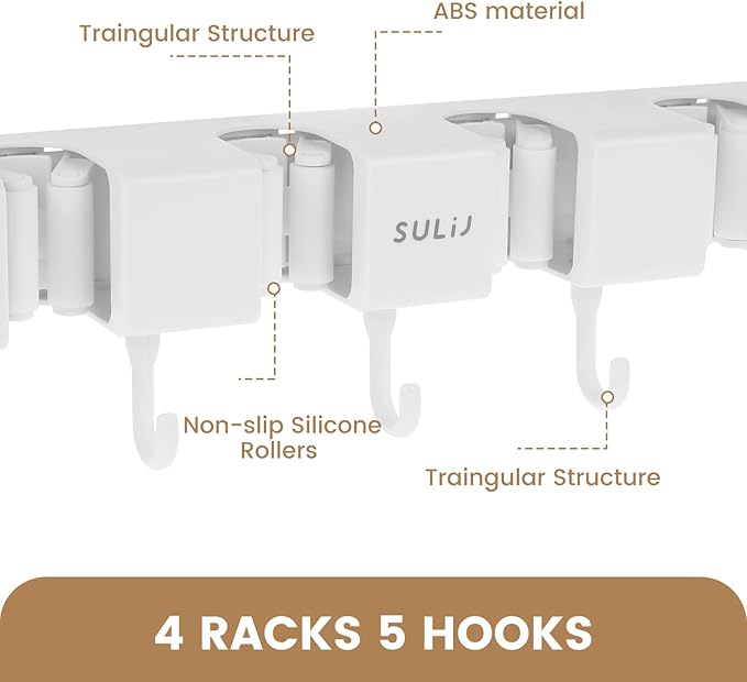 2Pcs Broom Holder Wall Mount, No-Drilling Self-Adhesive Mop and Broom Storage Rack with Hooks (4 Racks with 5 Hooks), Wall-Mounted Broom Hanger for Bathroom, Kitchen, Closet, Garage (White ﻿)
