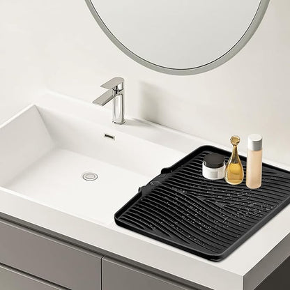 TIKNIK Silicone Dish Drying Mat, Stone Drying Mat for Kitchen Counter with Built-In Drain, Non-Slip Drain Pad with Built-in Drain, Heat Resistant Stone Drying Mat, Hangable, Black-2pcs, 20" x 15"