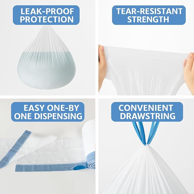 4 Gallon Small Trash Bags with Drawstring & Handles, 100 Pack - White Garbage Bags for Bathroom Office Dorm - Strong Leak-Proof Bin Liners, Individual Bags on Roll, No Tearing