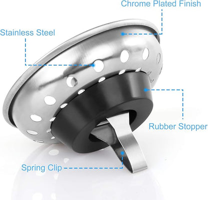 2PCS Kitchen Sink Strainer Stopper 2 in 1, Spring Clip Plunger, Replacement for Standard Drains(3-1/2 Inch), Chrome Plated Stainless Steel Body with Rubber Stopper