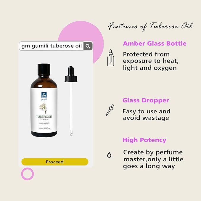 GM Gumili Tuberose Essential Oil, Home Fragrance Oil, Candle Scents Soy Wax Candle Making, Freshie Scents Oils for Soap, Dryer Balls, Diffusers, Laundry, Slime -3.38 oz /100ml