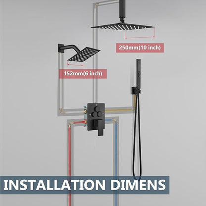 Aolemi Shower Faucet Set Ceiling Mount Shower System Rough-in Valve and Shower Trim Kit 2 in 1 Handheld Spray Push Button Diverter 10 and 6 Inch Dual Shower Head Matte Black