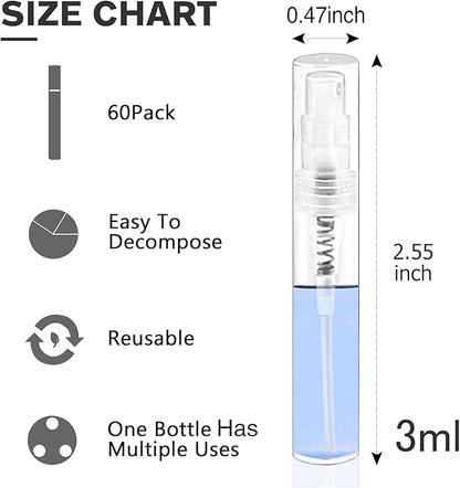 Mini Spray Bottle, Clear Plastic Empty Sample Containers, Fine Mist Perfume Travel Refillable Spray Bottle Perfume Atomizer Small Portable Bottle for Cleaning, Travel, Essential Oils(60, 3ml)
