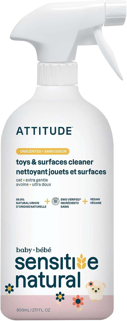 ATTITUDE Baby & Kids Toy Cleaner Spray for Sensitive Skin, EWG Verified, Multi-Surface Cleaner for Toys, High Chairs & Play Areas, Naturally Derived, Vegan, Unscented, 27.1 Fl Oz