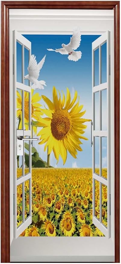 A.Monamour 3D Door Stickers for Interior Doors Sunflower Field and Pigeon View from The Open Window Vinyl Waterproof Self Adhesive Door Mural Decals for Bedroom Office Bathroom 85x200cm