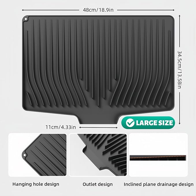 CIEO Silicone Dish Drying Mat for Kitchen Counter, Slope Fast Self-Draining, Non-Slip Drain Pad, Easy Clean Countertop Protection Mat, Multiple Use for Dishes Drying Rack（19"x 14",Black）