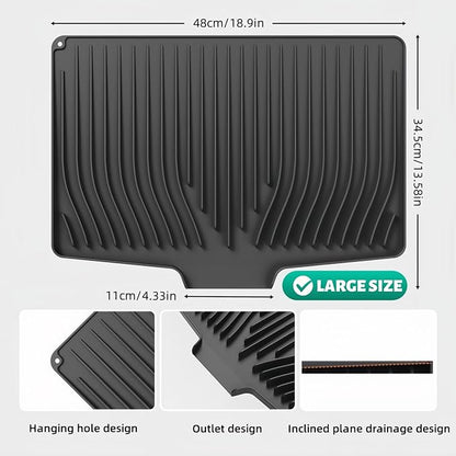 CIEO Silicone Dish Drying Mat for Kitchen Counter, Slope Fast Self-Draining, Non-Slip Drain Pad, Easy Clean Countertop Protection Mat, Multiple Use for Dishes Drying Rack（19"x 14",Black）