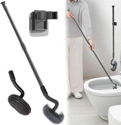 Wall Mounted Long Handle Toilet Brush Set with Holder and 2 Brush Heads Silicone and Stiff Bristle Toilet Bowl Scrubber Bathroom Brush Cleaning Tool for Home
